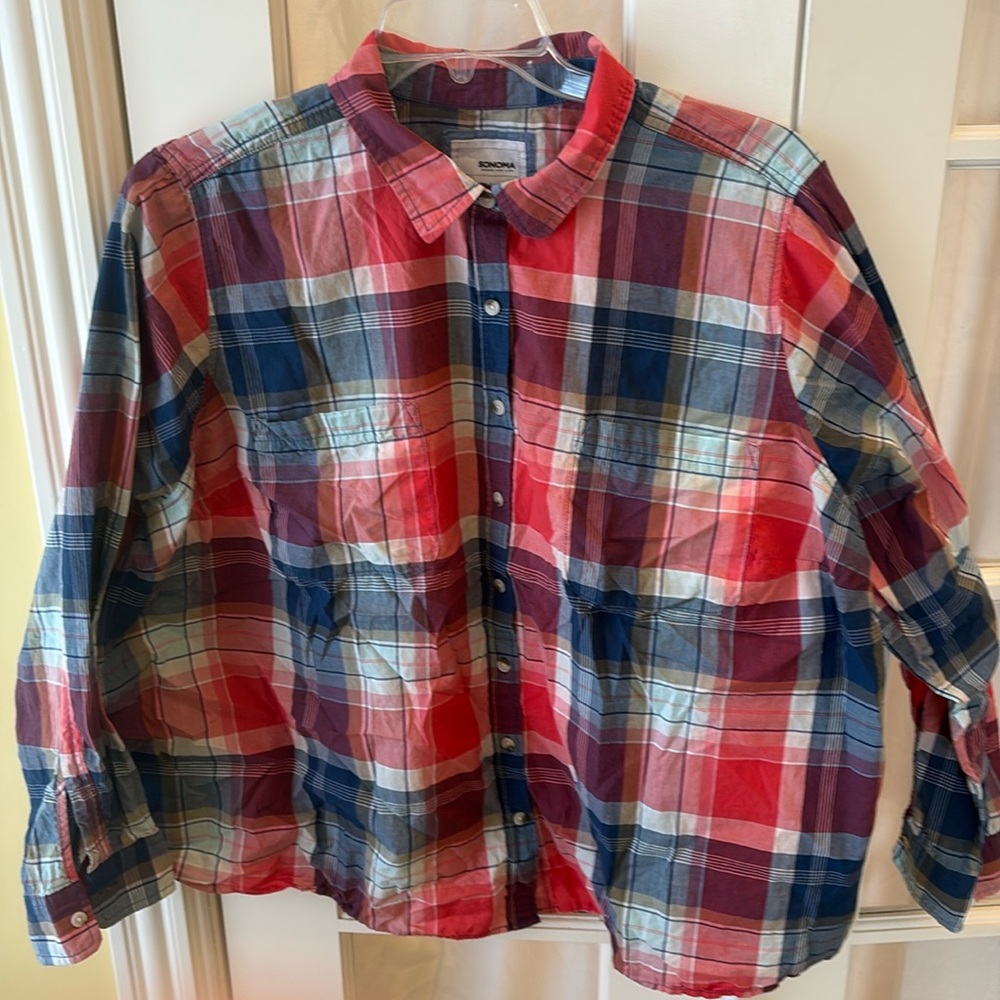 Sonoma 3X plaid lightweight l/s button down top